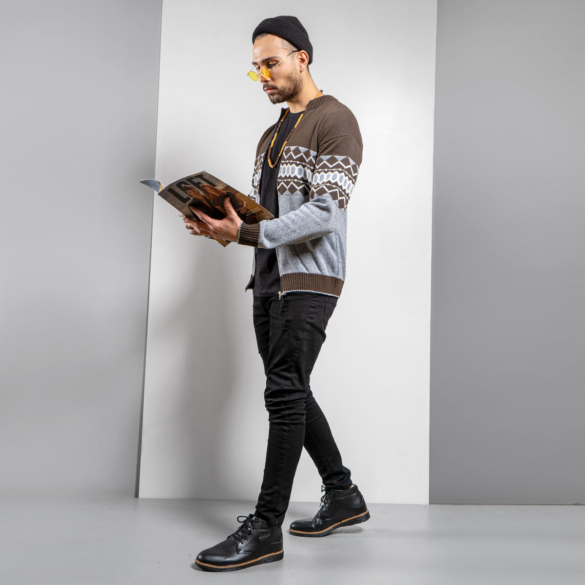 سوئیشرت بافت قهوه ای طوسی مردانه مدل Ezad