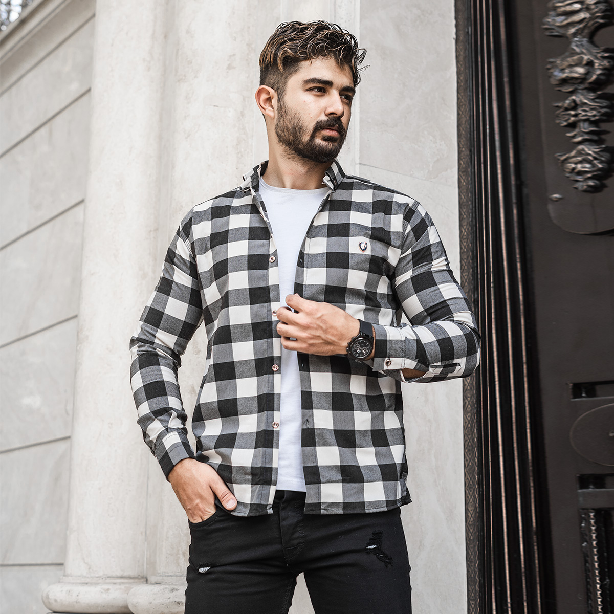 پیراهن چهار خونه مشکی سفید مردانه مدل Kiano