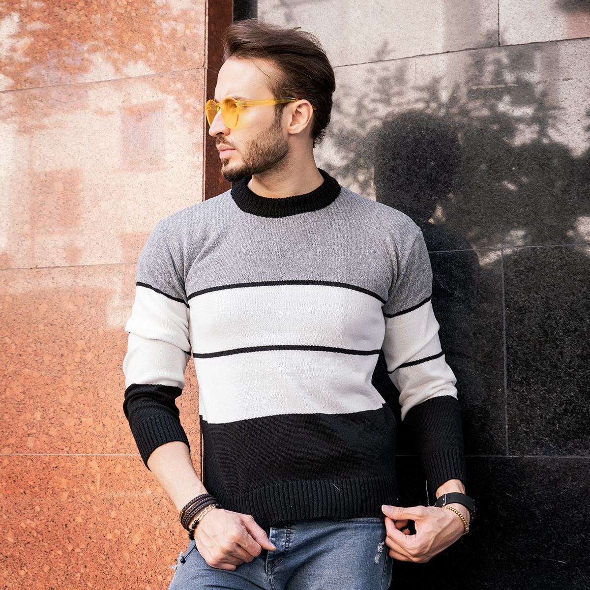 پلیور بافت ۳رنگ یقه گرد مدل AYat