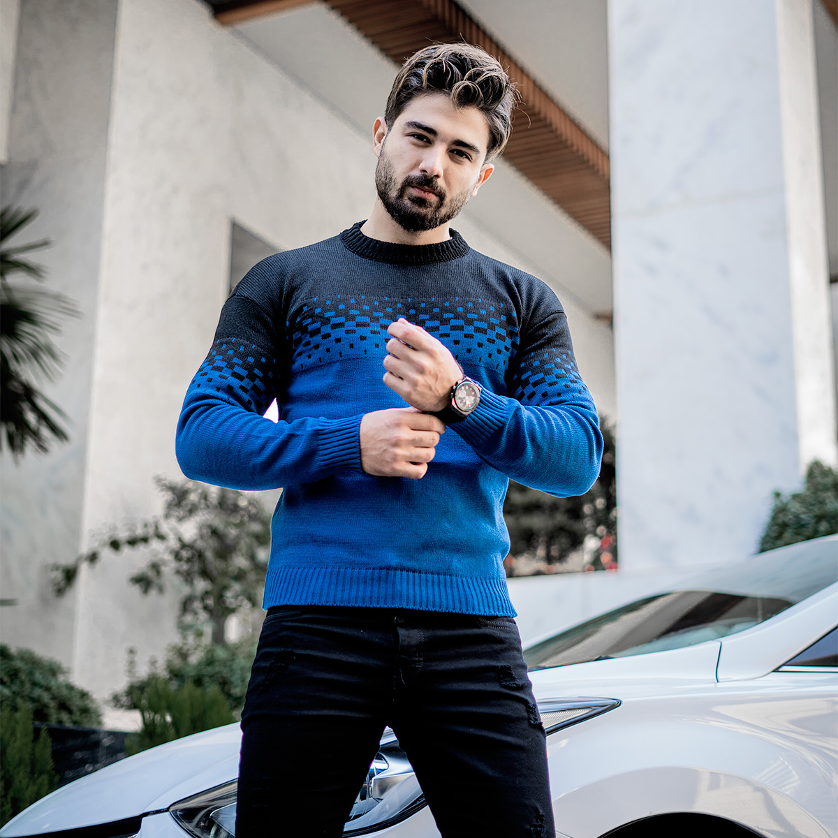 پلیور مردانه دو رنگ آبی مشکی مدلShatel