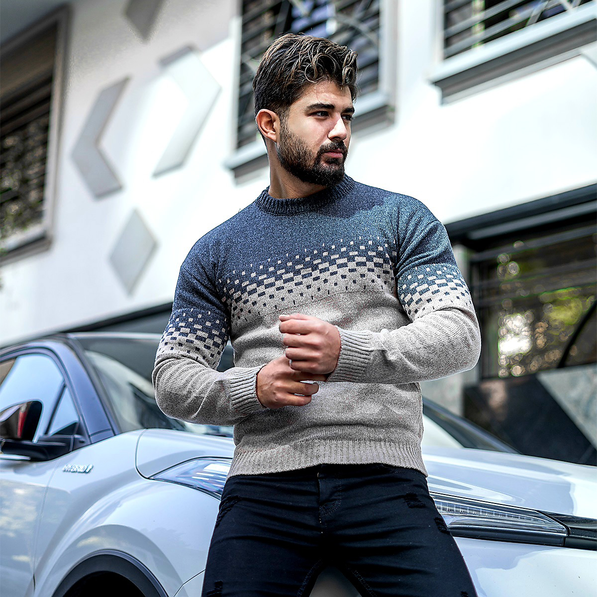 پلیور مردانه دو رنگ ذغالی کرم مدلShatel