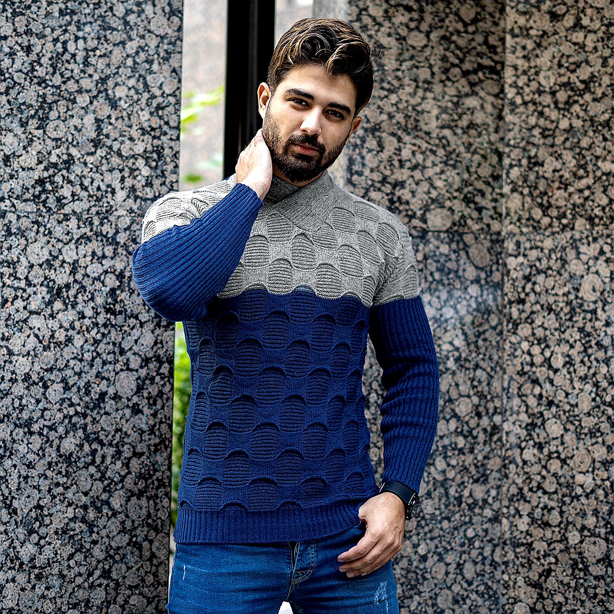 پلیور دورنگ طوسی آبی مردانه مدلArkia