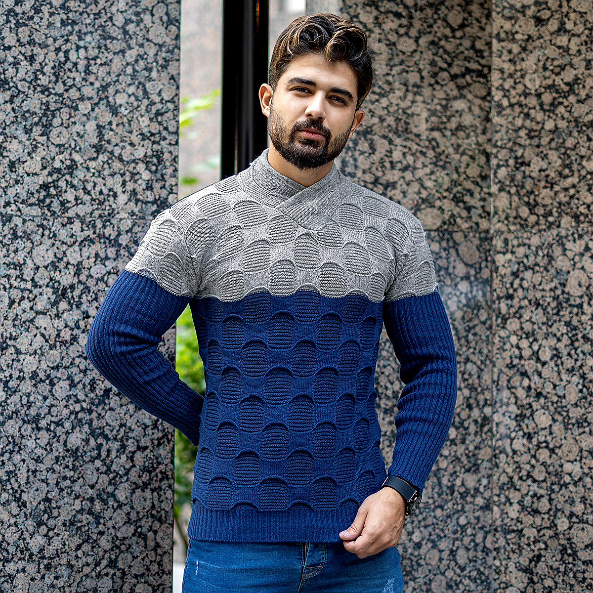 پلیور دورنگ طوسی آبی مردانه مدلArkia