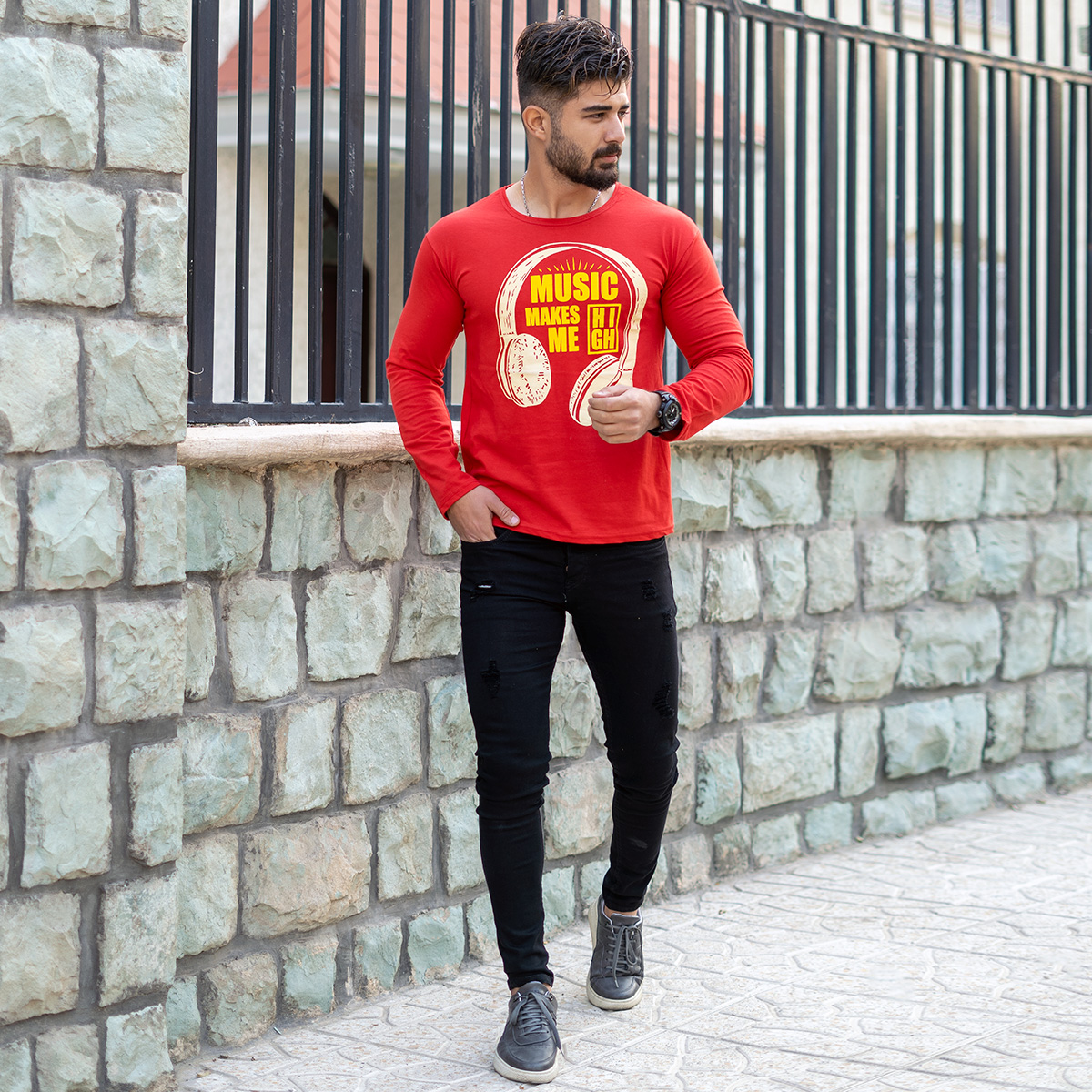 تیشرت آستین بلند مردانه طرح هدست قرمز مدل O22