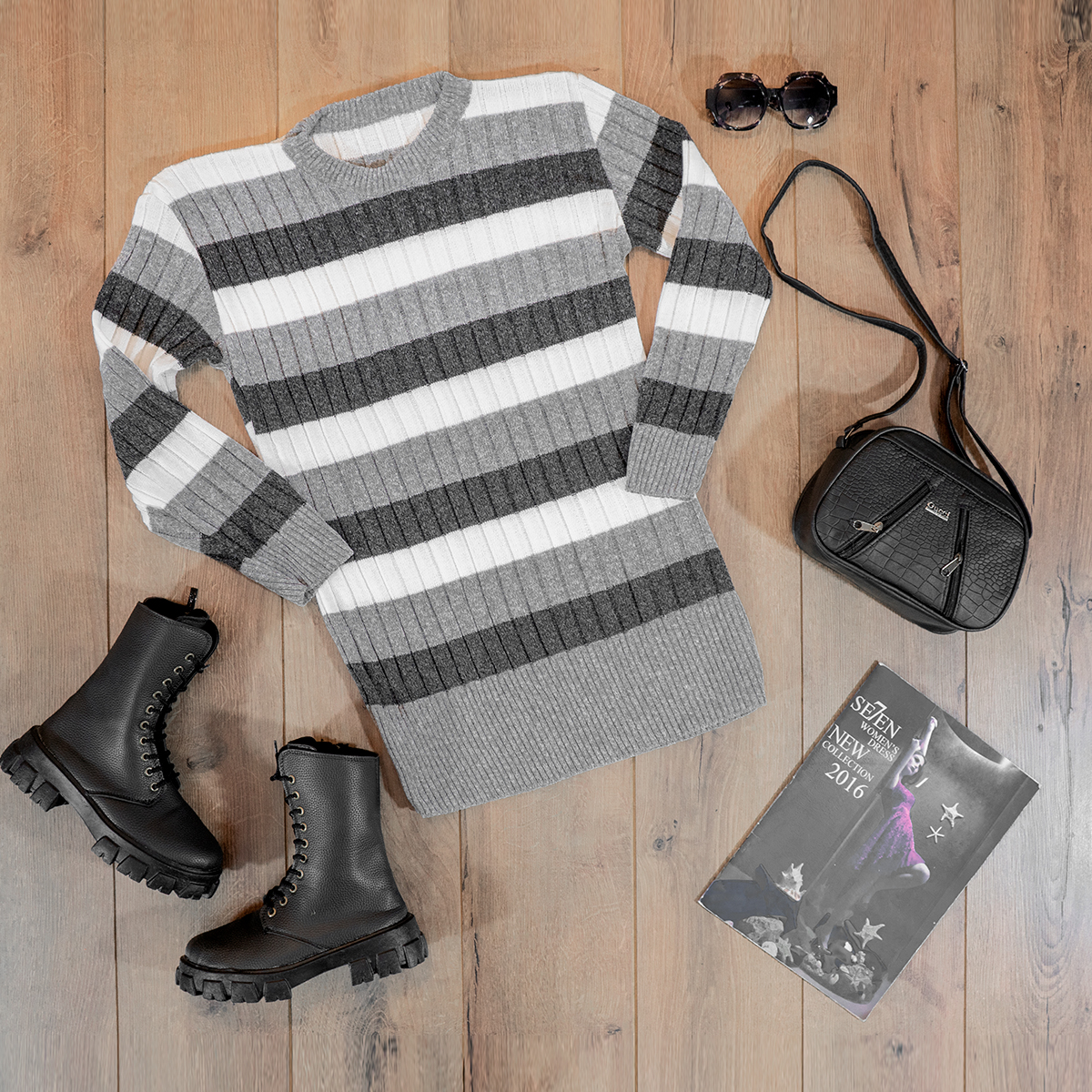 تونیک بافت زنانه راه راه طوسی مشکی مدل kareno