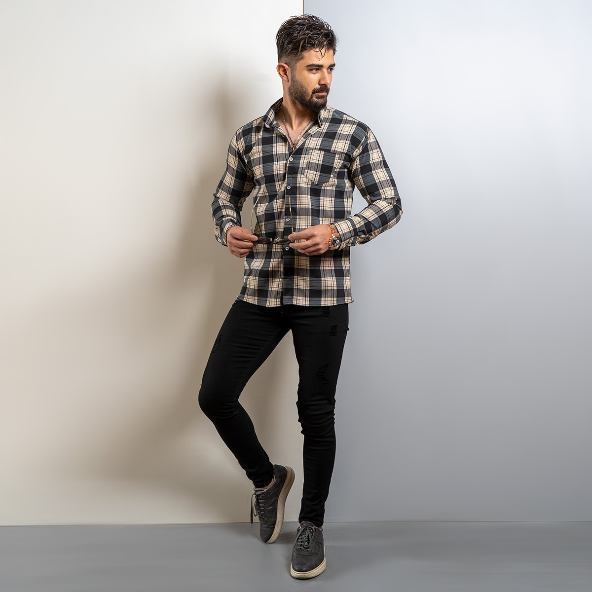 پیراهن چهارخونه کرم طوسی مردانه مدل amir