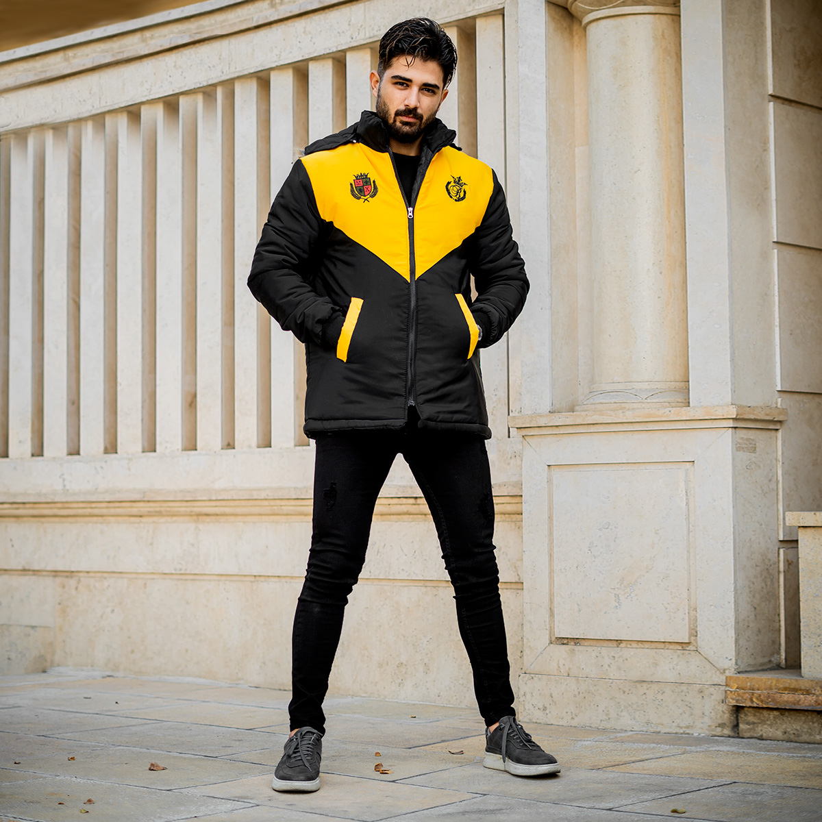 کاپشن مردانه مشکی زرد مدل Arin