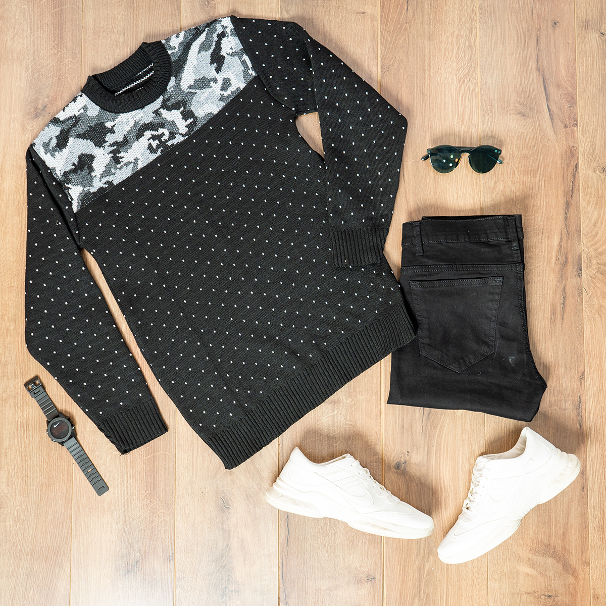 پلیور بافت مردانه مشکی طرح چریکی مدلLando