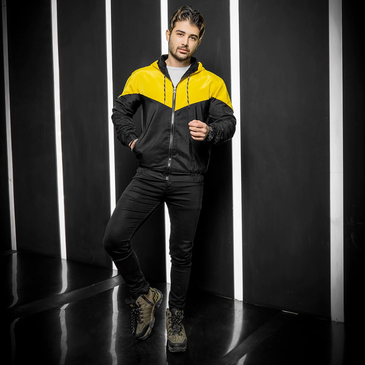 کاپشن مردانه مشکی زرد مدل K64