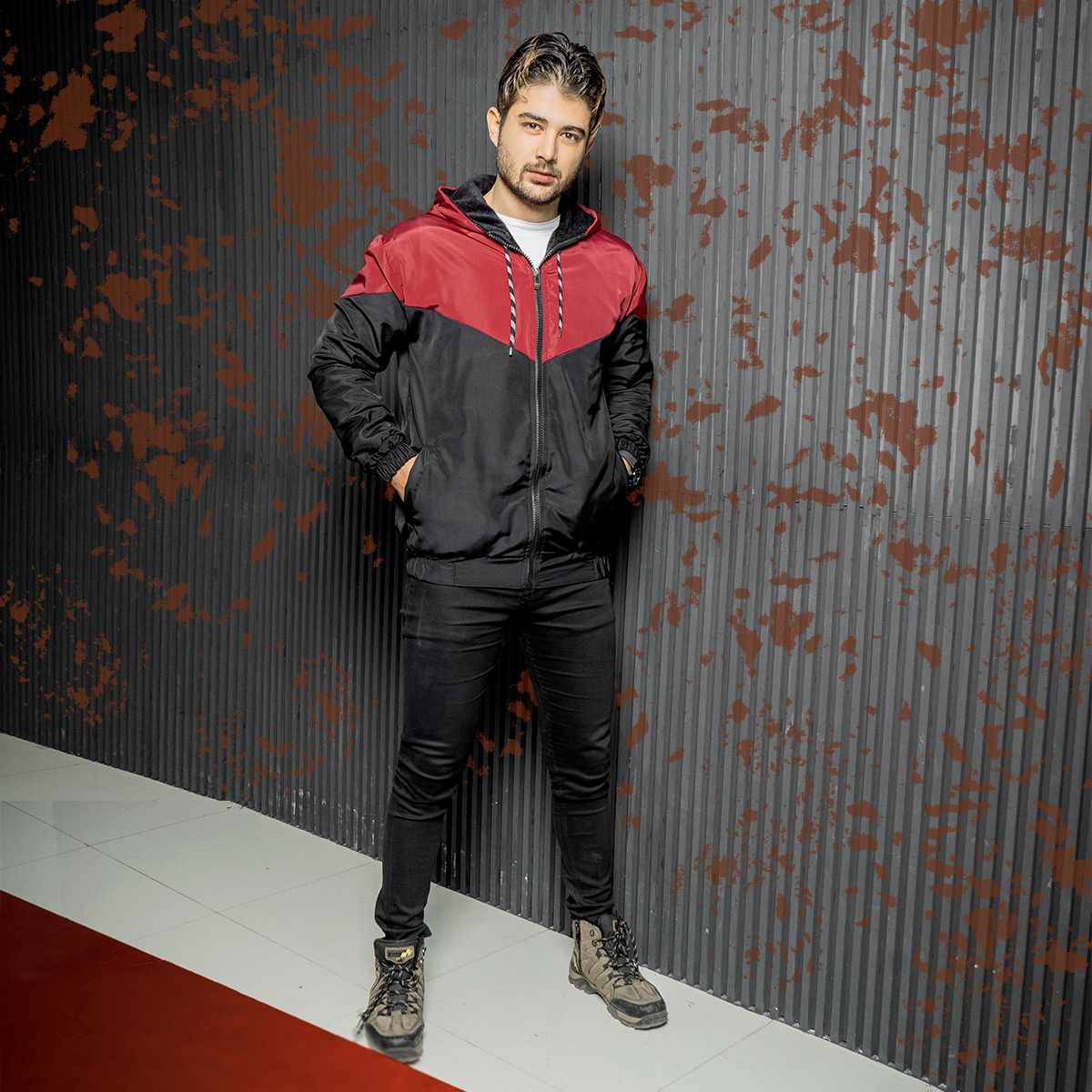 کاپشن مردانه مشکی زرشکی مدل K64