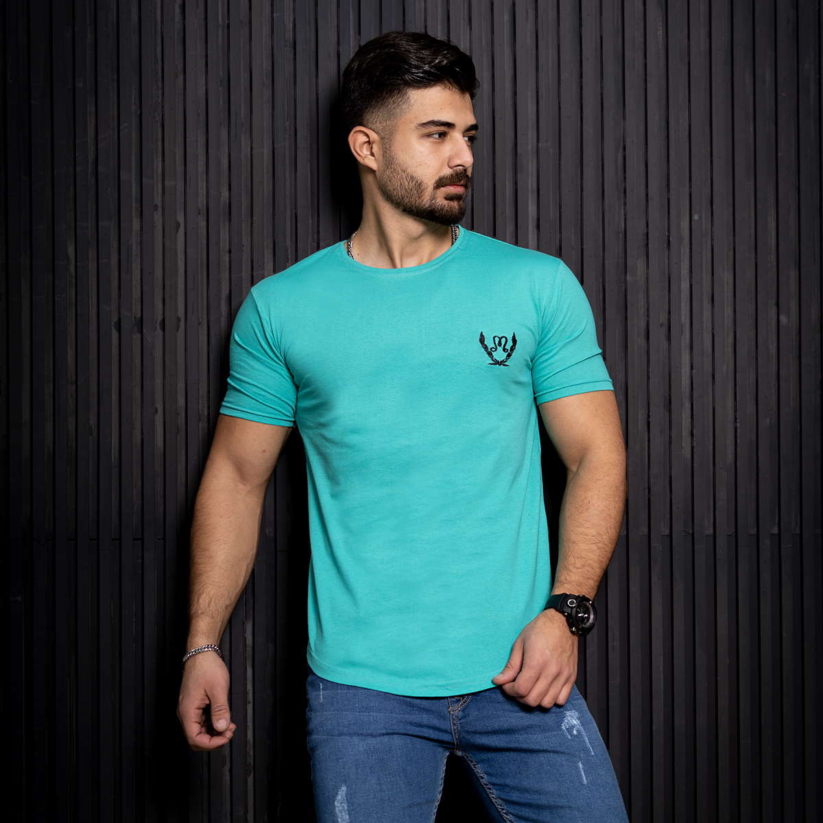 تیشرت مردانه فیروزه ای مدل Maron
