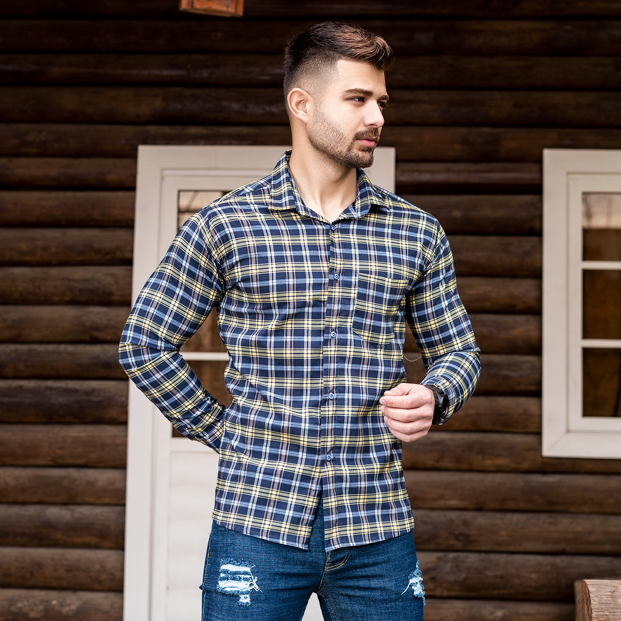 پیراهن چهارخانه زرد سرمه ای مردانه مدلDivan