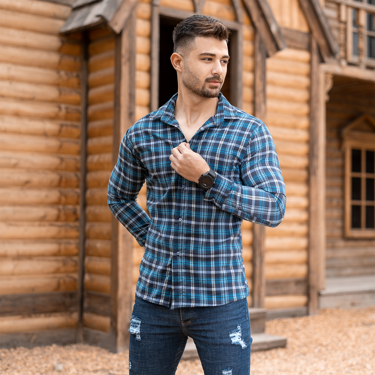 پیراهن چهارخانه آبی سرمه ای مردانه مدلDivan