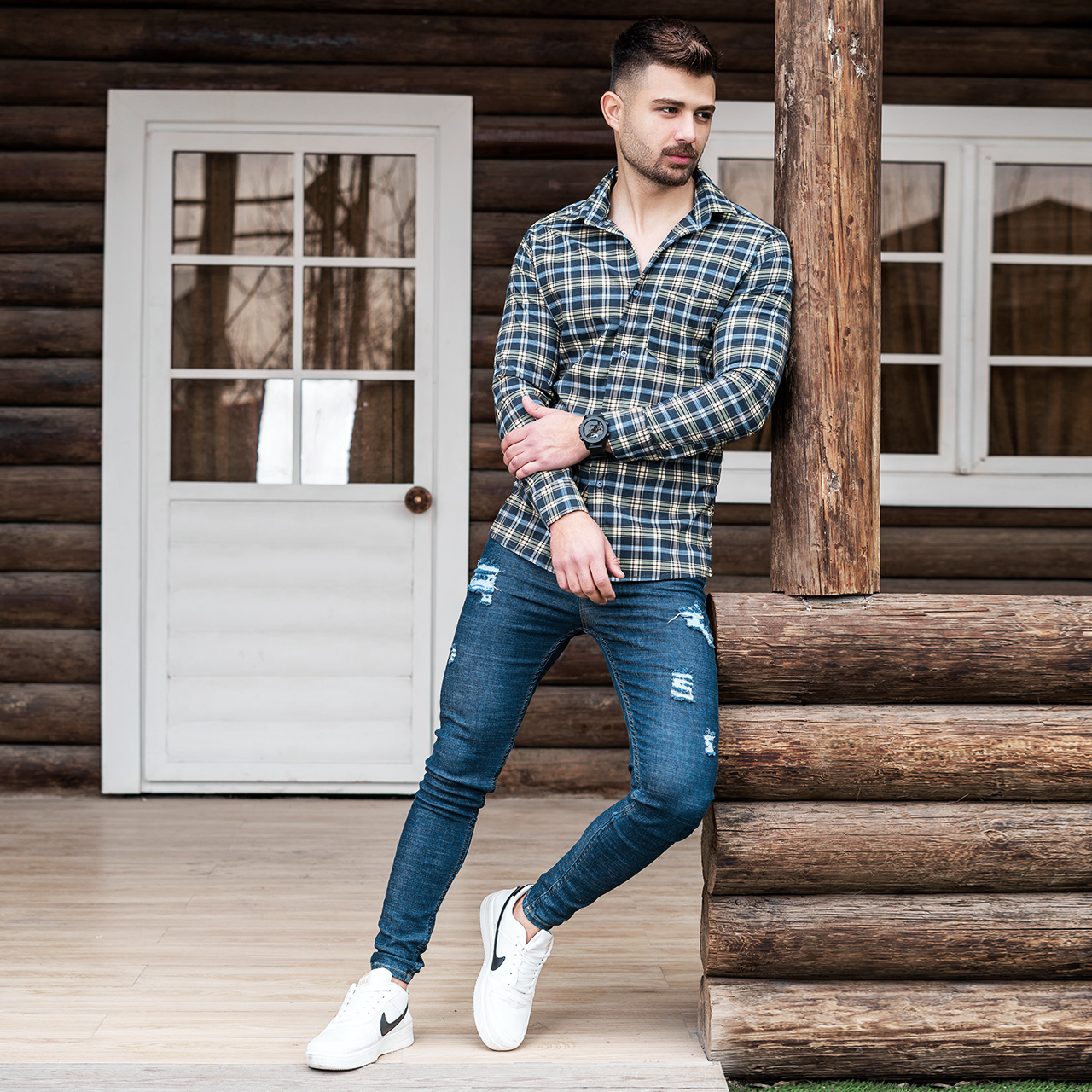 پیراهن چهارخانه کرم سرمه ای مردانه مدلDivan