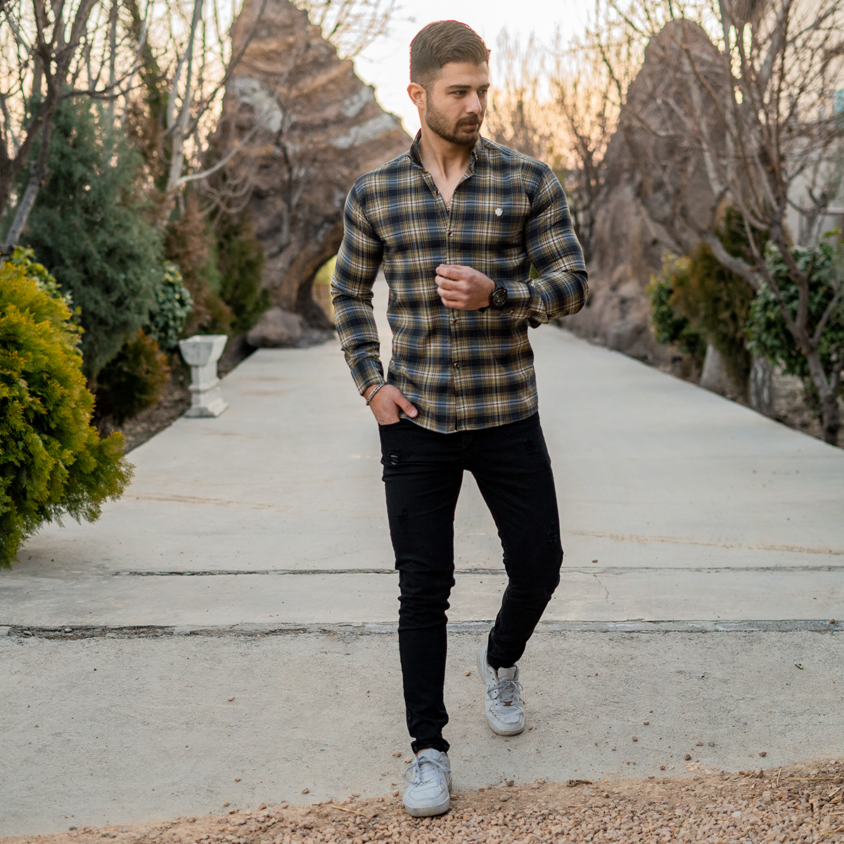 پیراهن چهارخونه آبی زرد مردانه مدل Z22