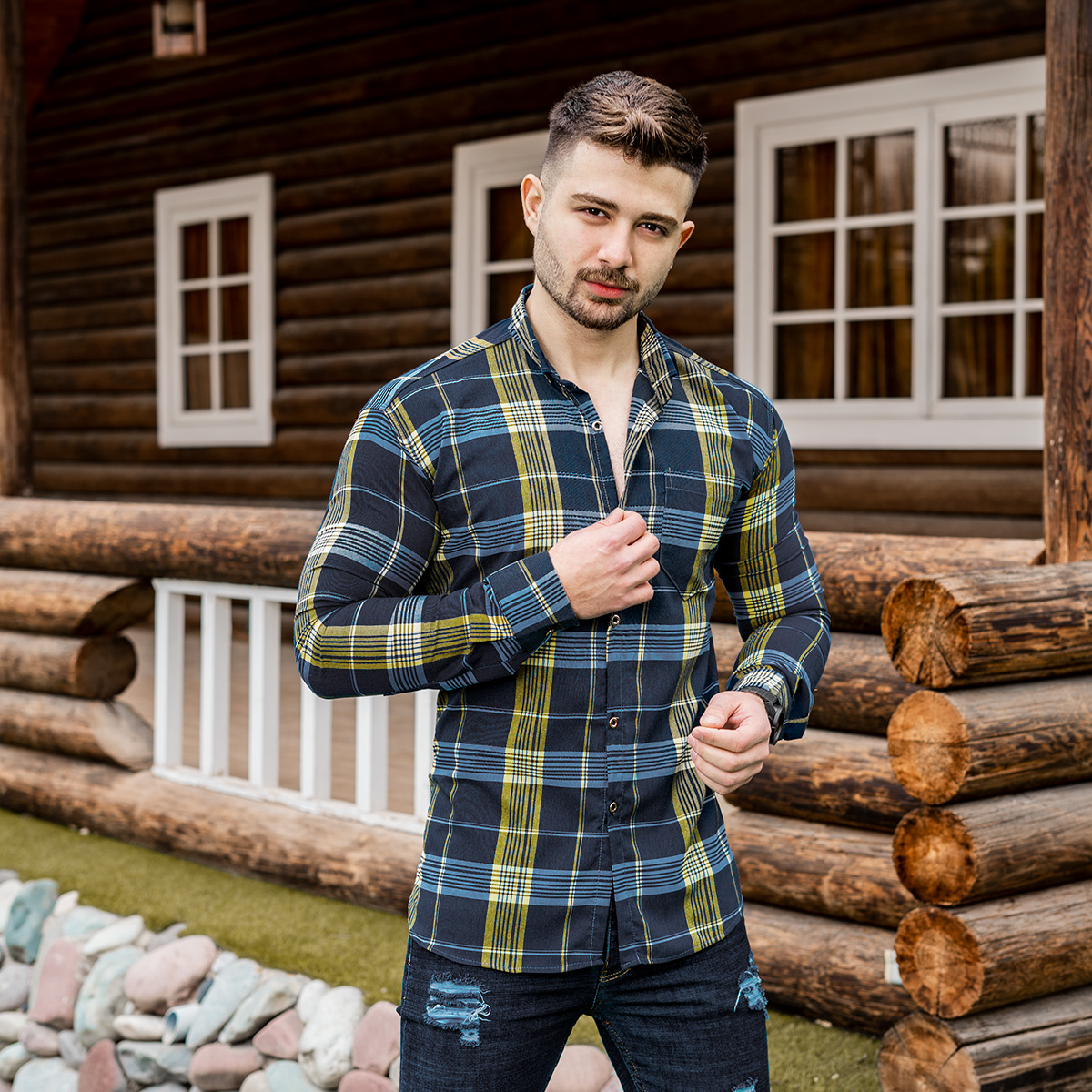 پیراهن راه راه مردانه زرد آبی مدلwigo