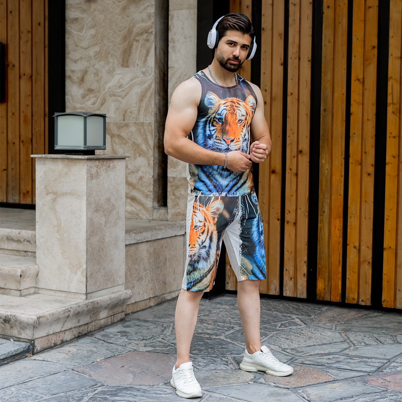 ست رکابی شلوارک طرح ببرنارنجی مردانه مدل A31