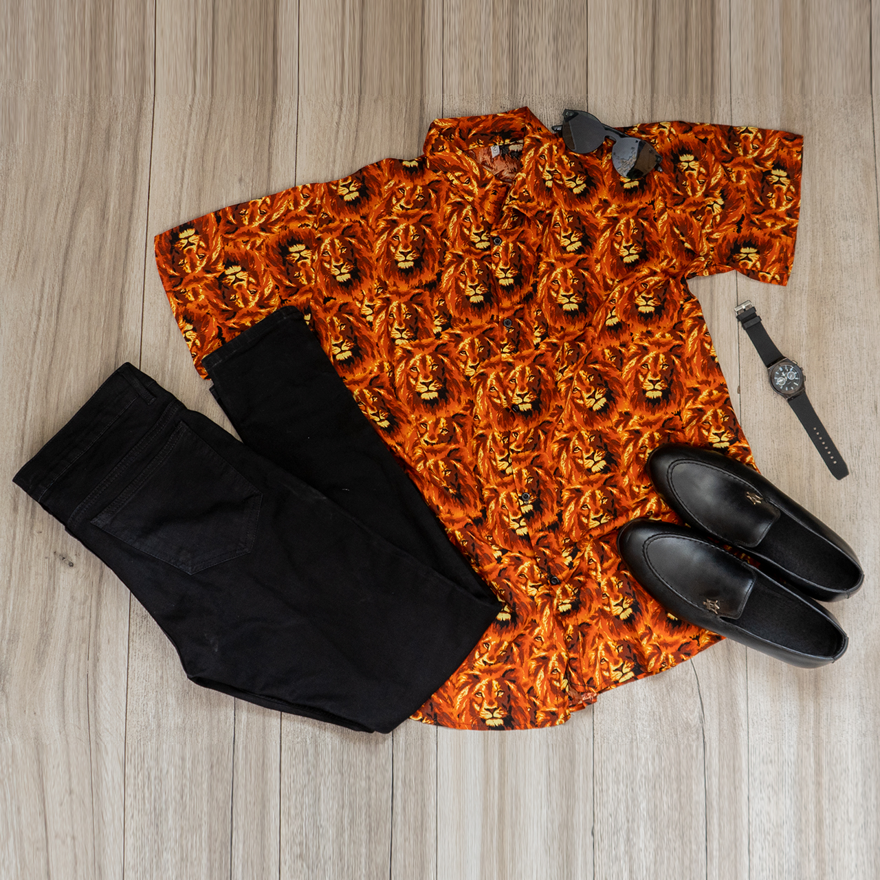 پیراهن هاوایی طرح شیر نارنجی مردانه مدل P11