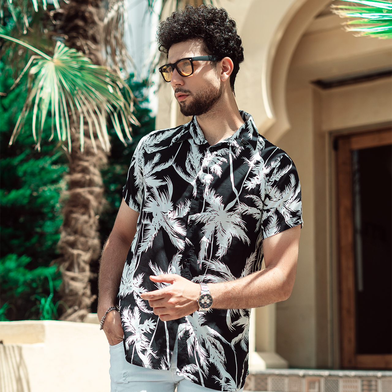 پیراهن هاوایی مردانه طرح نخل مدل TB50