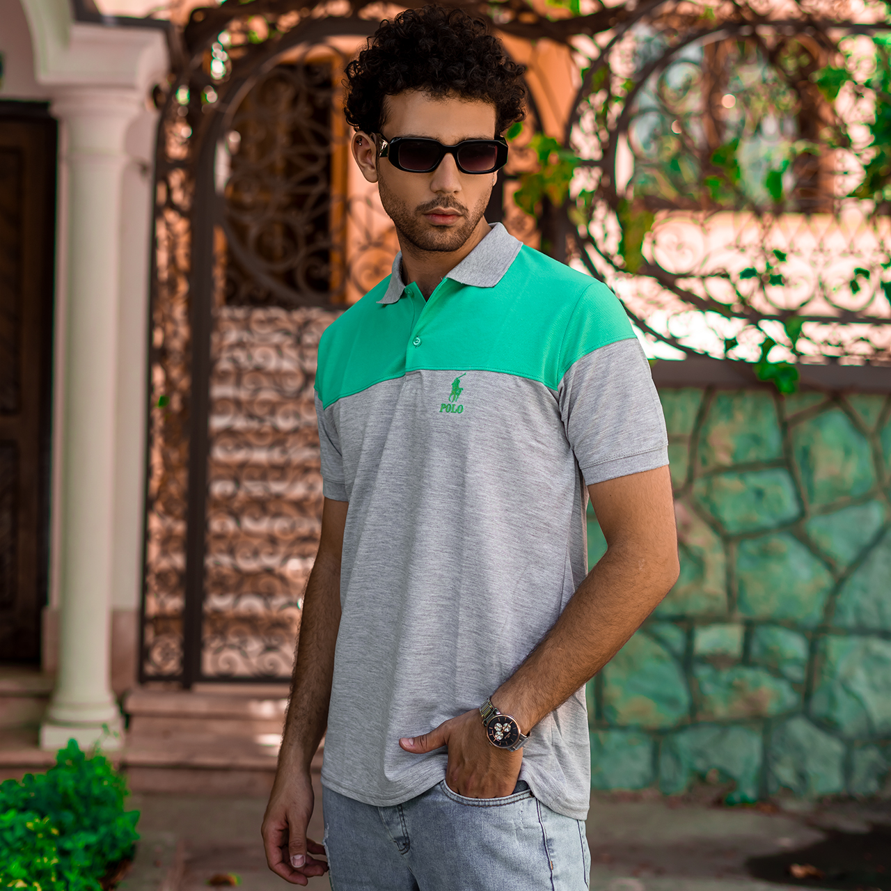 تیشرت مردانه POLO طوسی- سبزآبی مردانه Mazyar