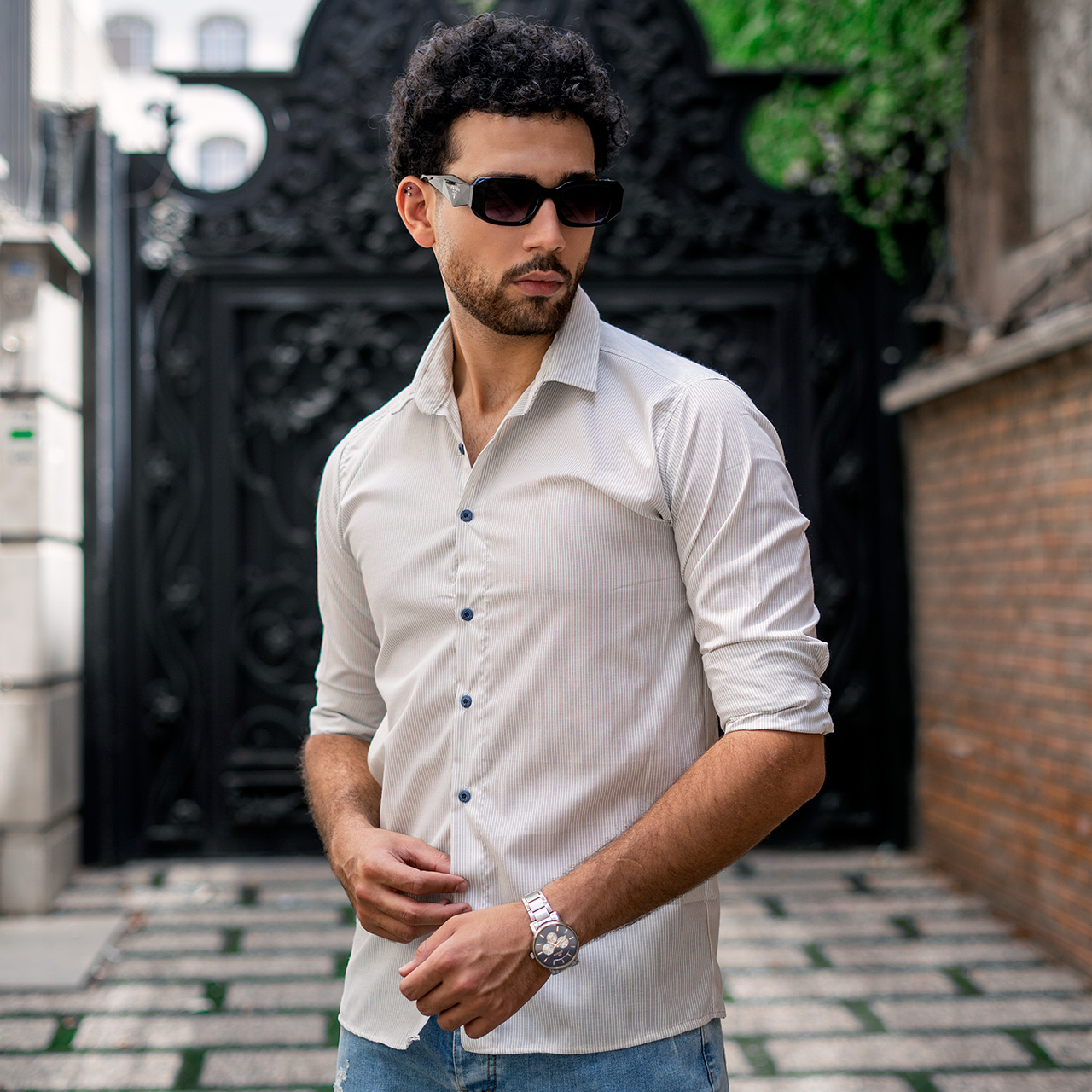 پیراهن راه راه سفید مردانه مدل Ranin