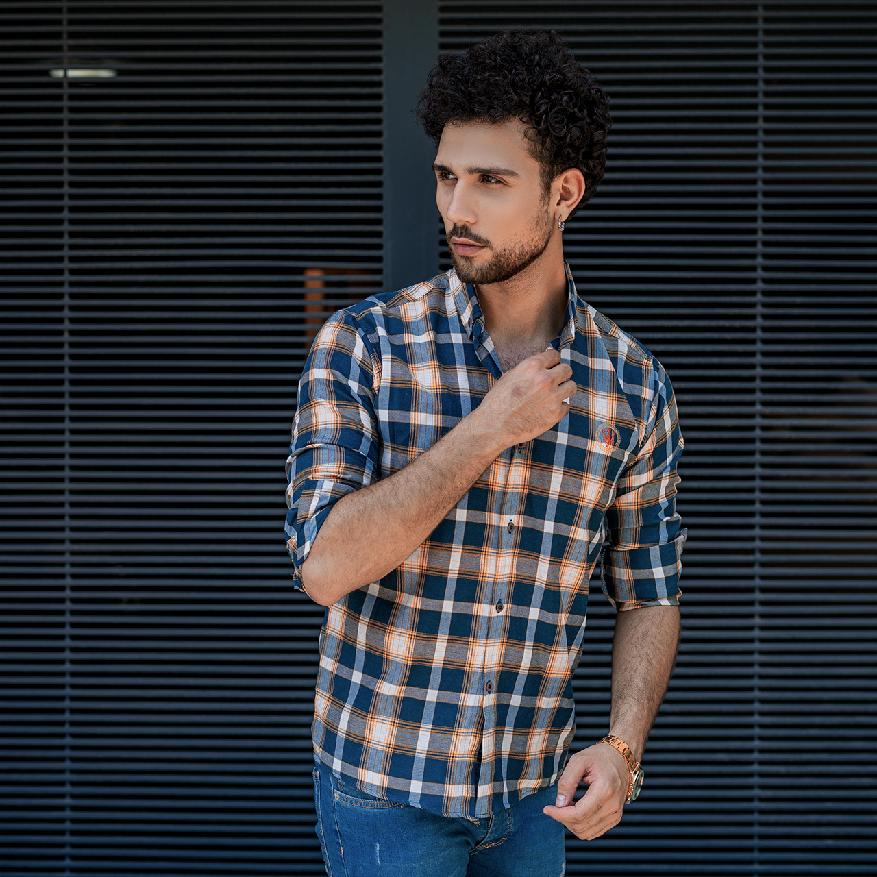 پیراهن چهارخونه مردانه آبی طوسی مدلB12