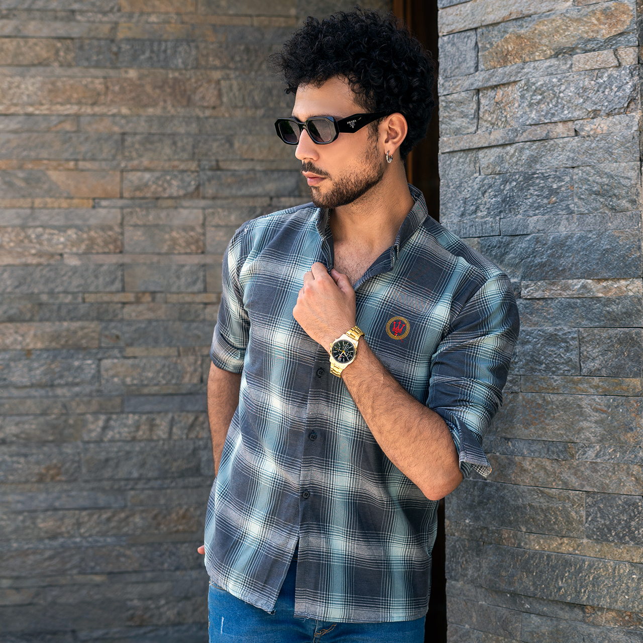 پیراهن چهارخونه مردانه طوسی سبز مدل B17