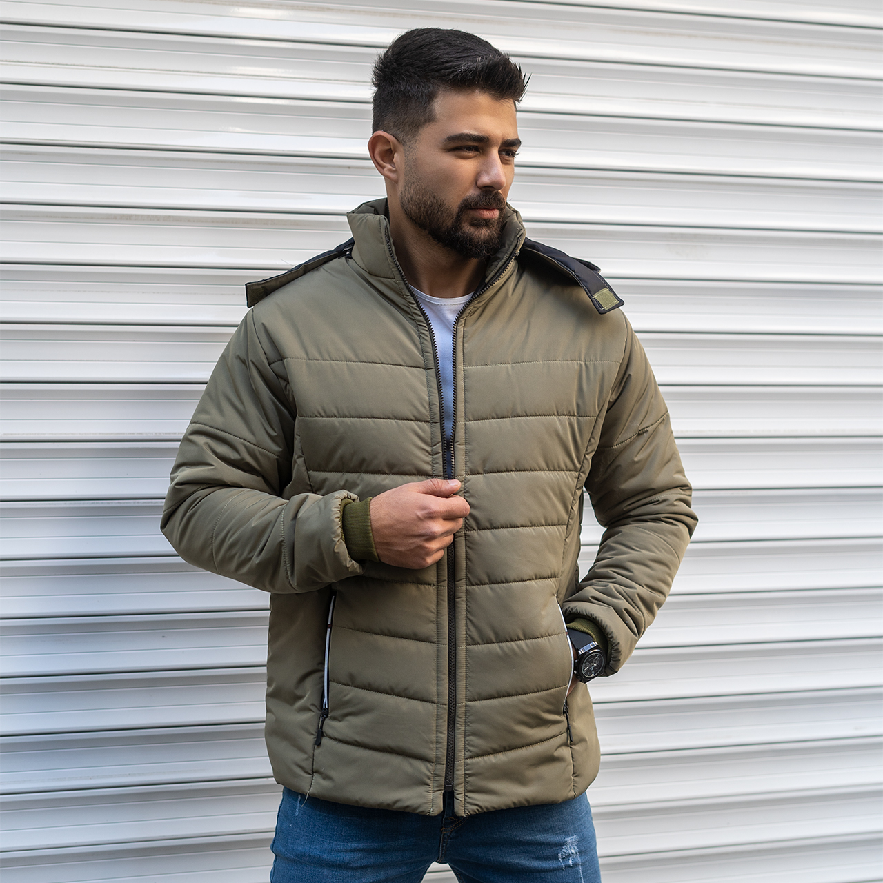 کاپشن مردانه ساده سبز زیتونی مدلAidin