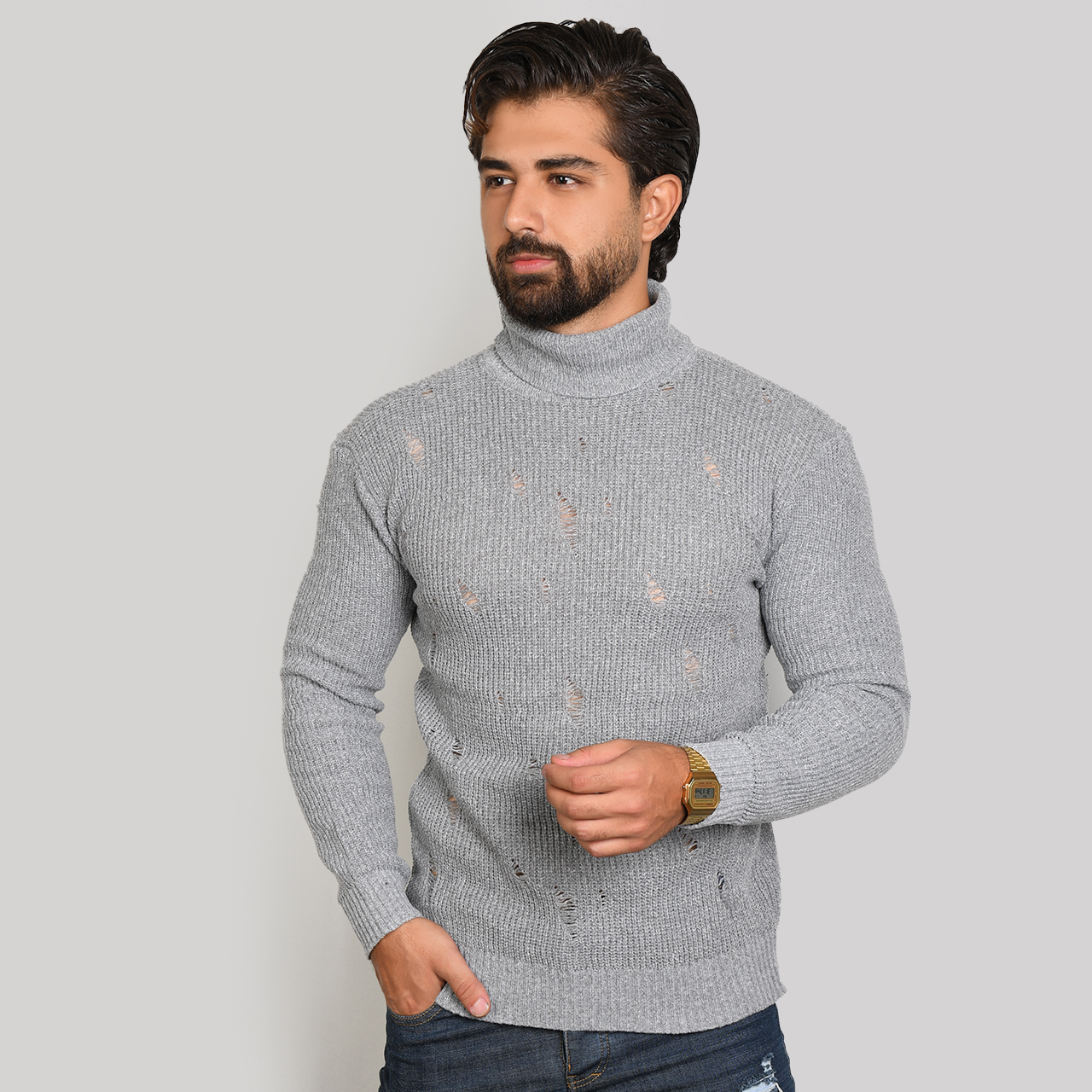 پلیور یقه اسکی طوسی زاپ دار مردانه مدل U10