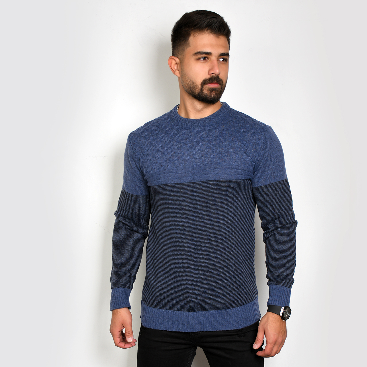 پلیور مردانه راه راه سرمه ای مدل navid