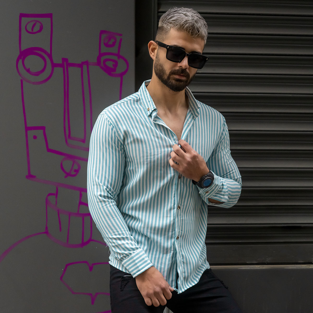 پیراهن راه راه آبی سفید مردانه مدل HAMED