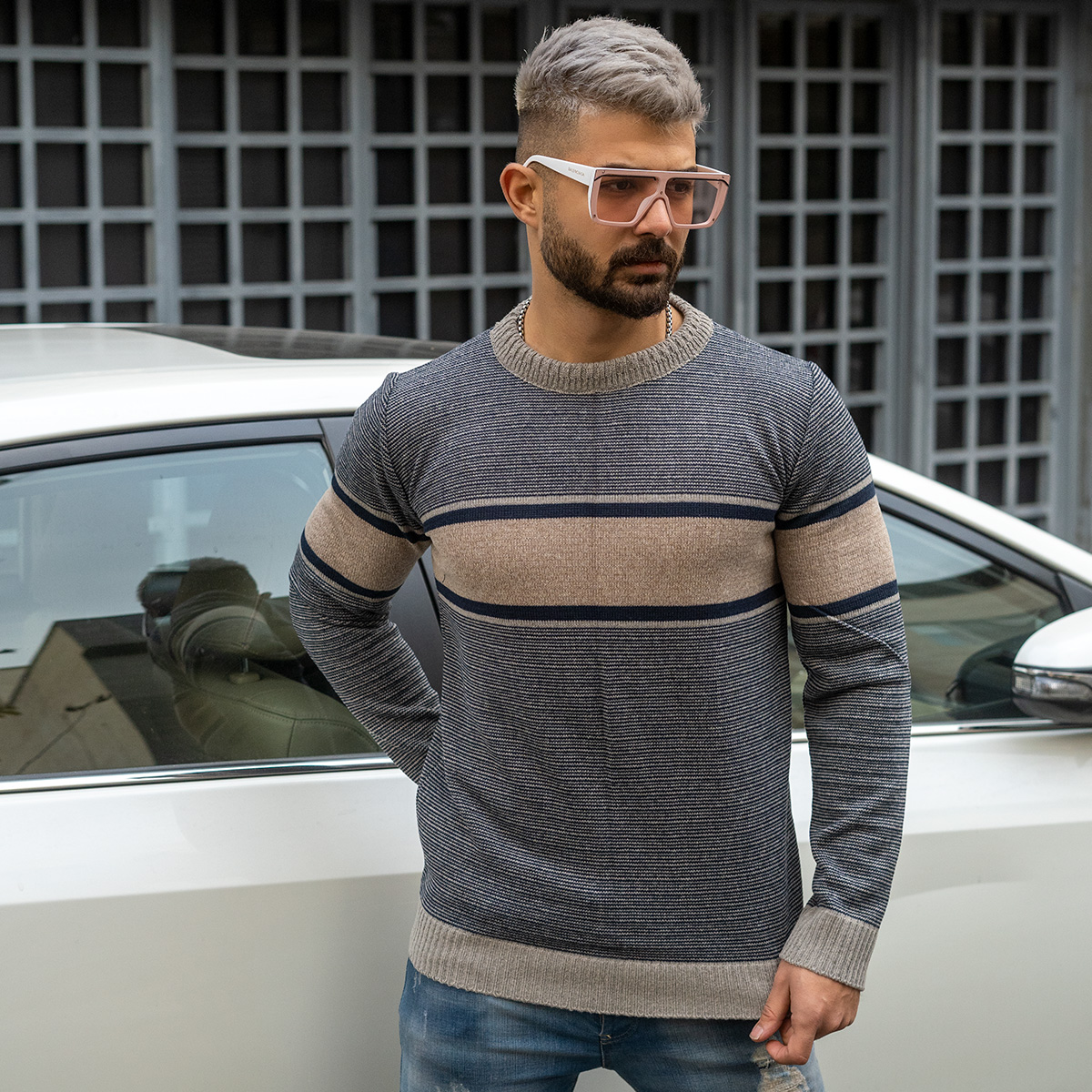 پلیور مردانه کرم- طوسی مدل Madis