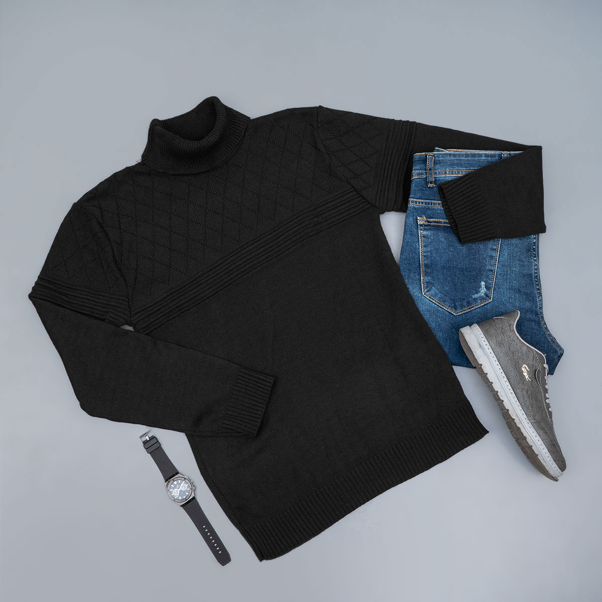 پلیور مردانه مشکی طرح لوزی یقه اسکی مدل Havash