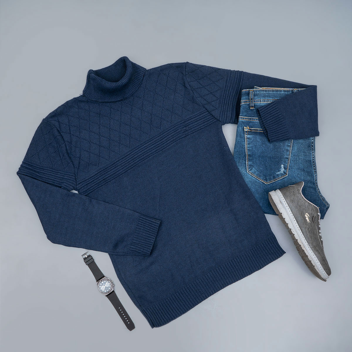 پلیور مردانه آبی طرح لوزی یقه اسکی مدل Havash