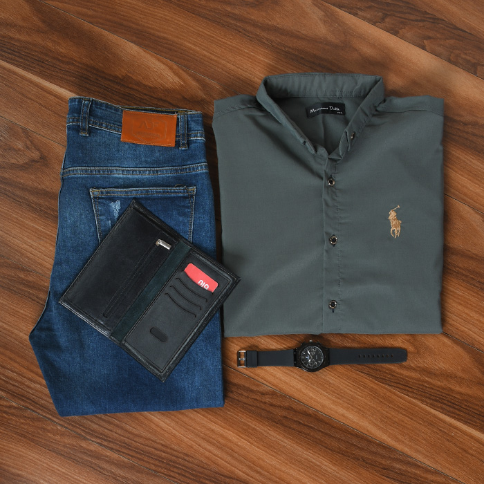 پیراهن مردانه سبز زیتونی مدل VQ