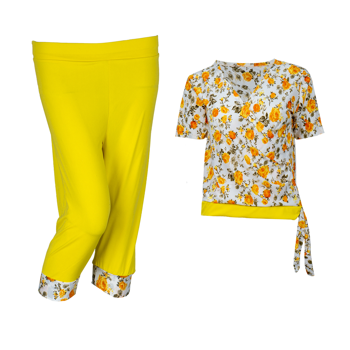 ست تیشرت شلوارک زنانه گل دار زرد مدل ADELA