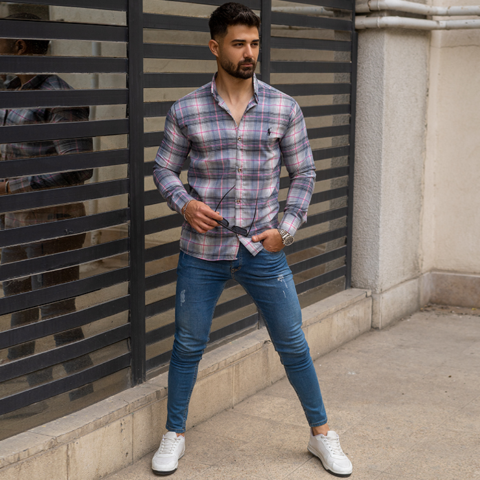 پیراهن خاکستری صورتی مردانه مدل Farzad