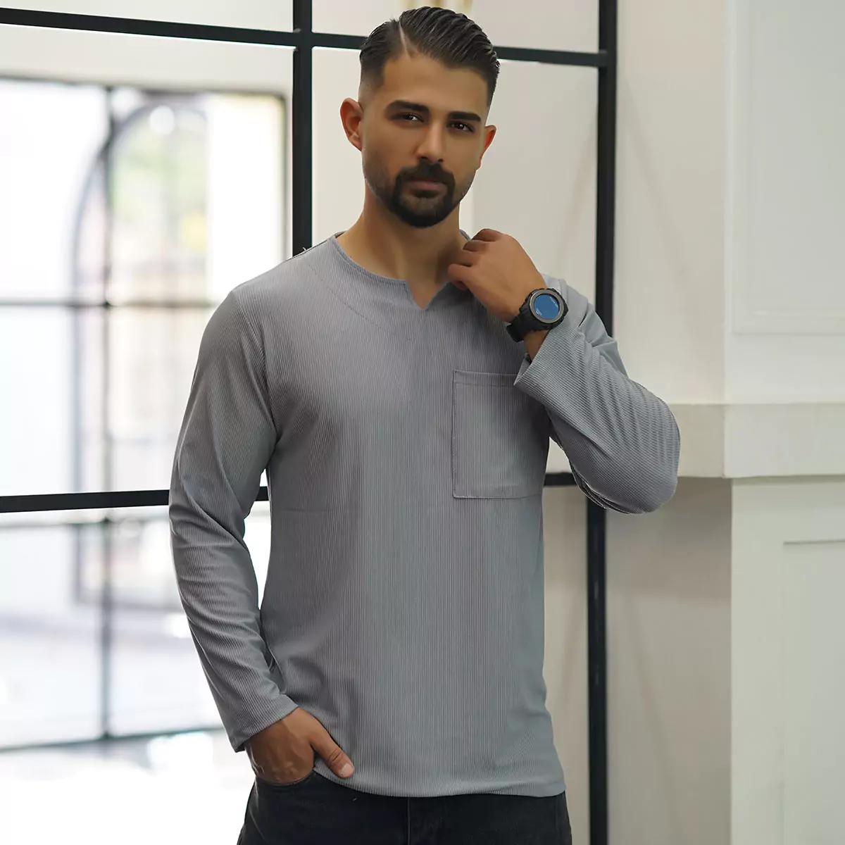 تیشرت آستین بلند یقه کوبایی طوسی مردانه مدل Asam