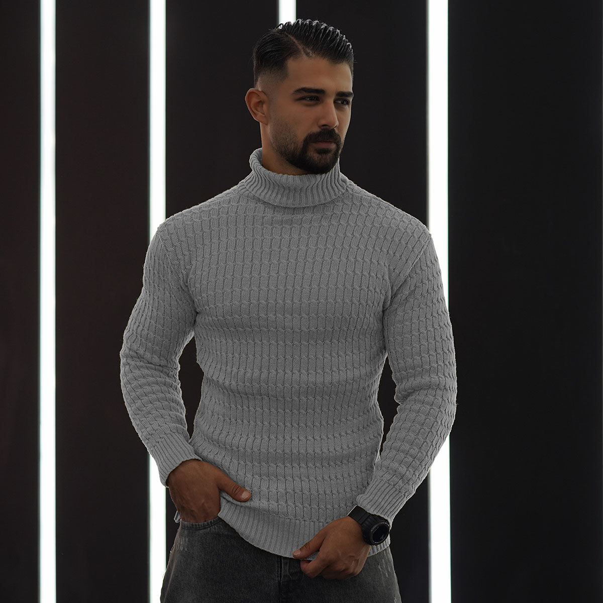 پلیوربافت مردانه طوسی یقه اسکی مدل Pouyan