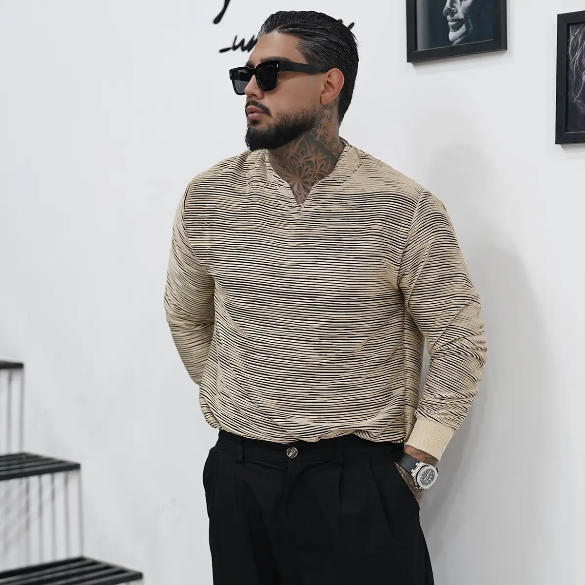 تیشرت آستین بلند یقه کوبایی کرم مدل Nivad