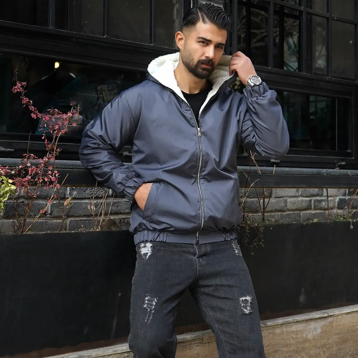 کاپشن داخل پشمی مردانه طوسی مدل Massoud