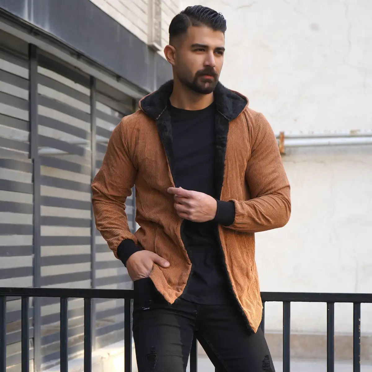 شنل مردانه مخمل کبریتی قهوه ای مدل Alam