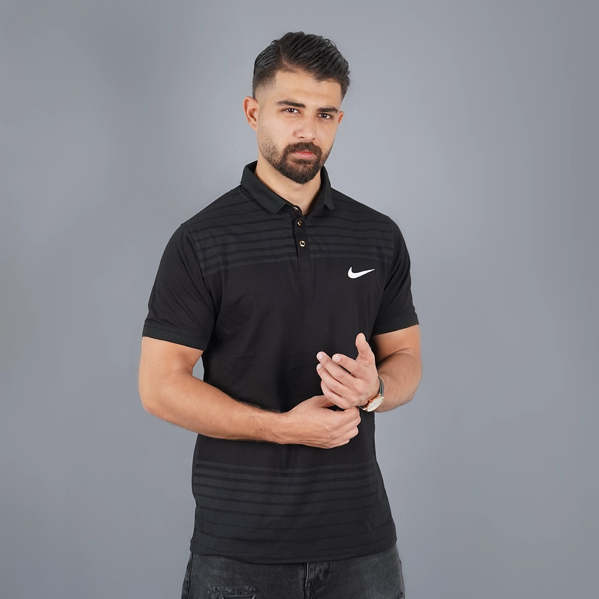 تیشرت یقه دار راه راه مشکی مدل Farhan