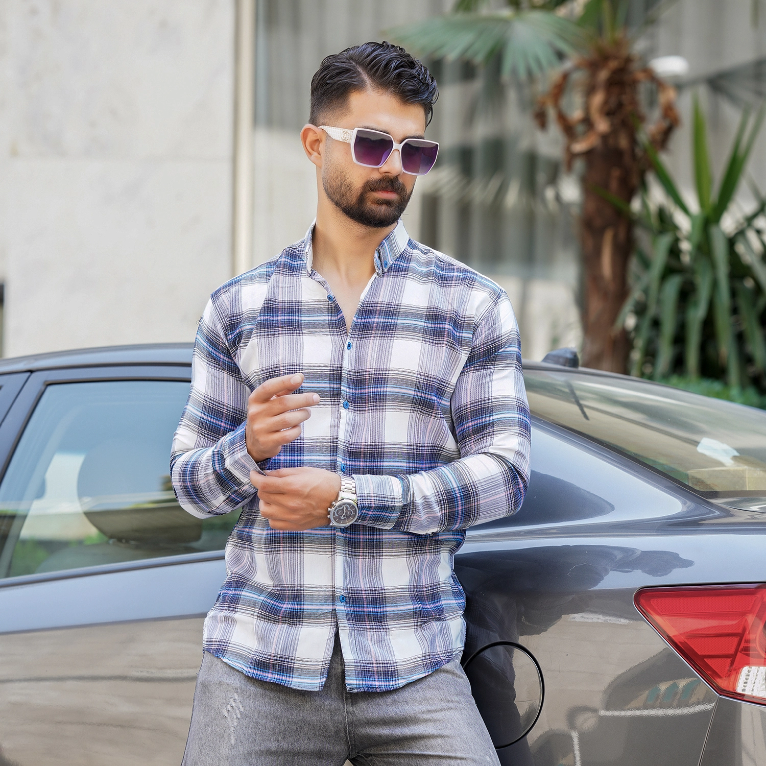 پیراهن چهارخونه آبی سفید مردانه مدل Sany