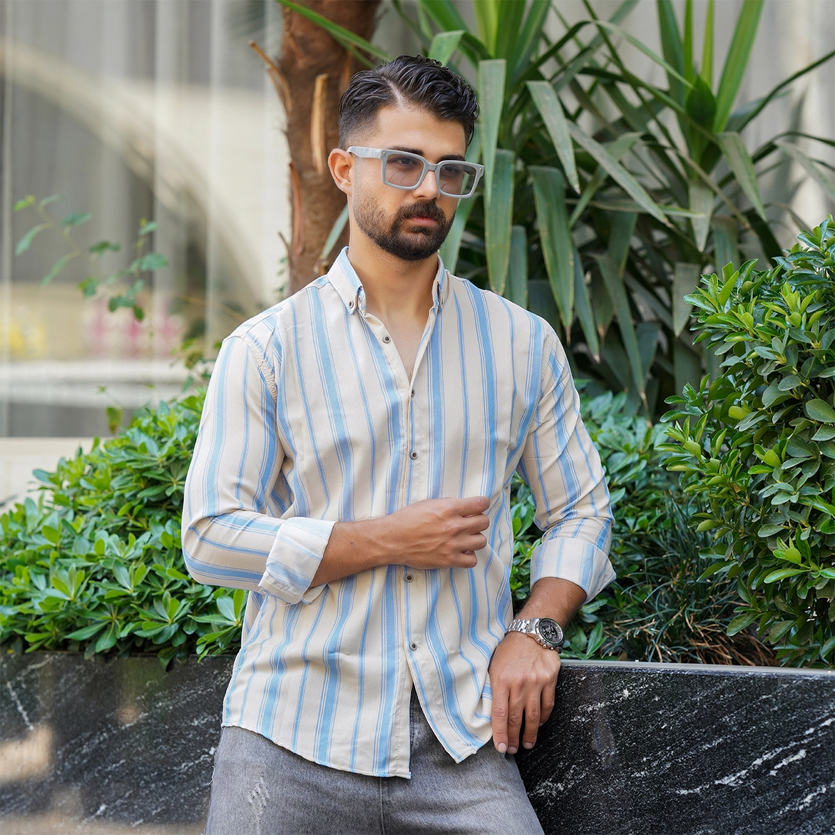 پیراهن راه راه زرد آبی مردانه مدل Ramin