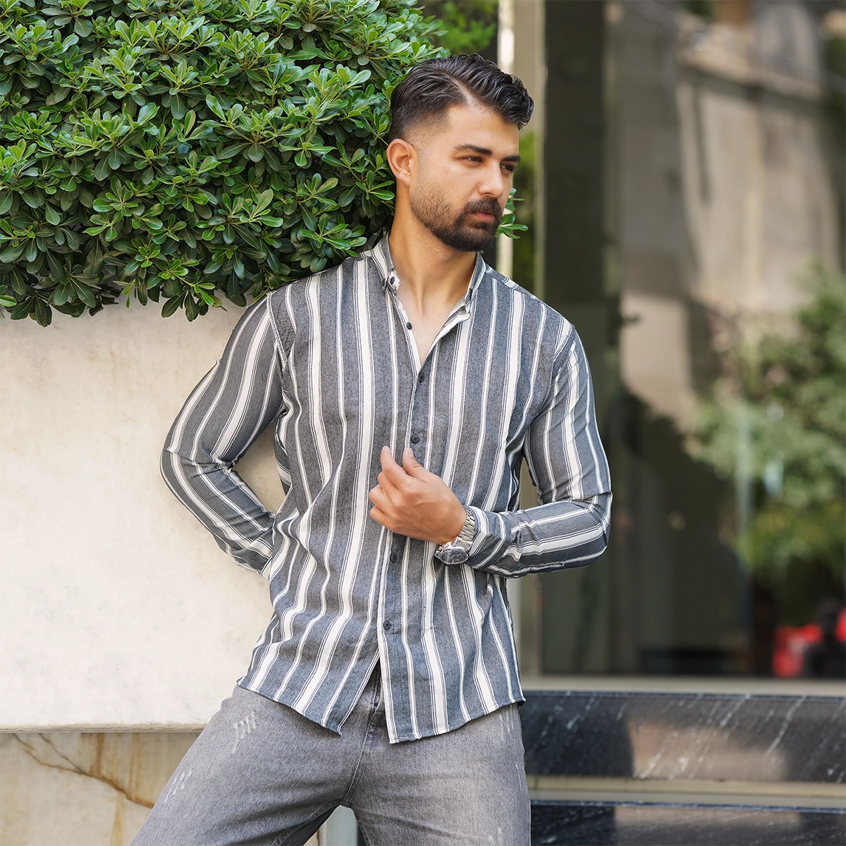 پیراهن راه راه طوسی مردانه مدل Ramin