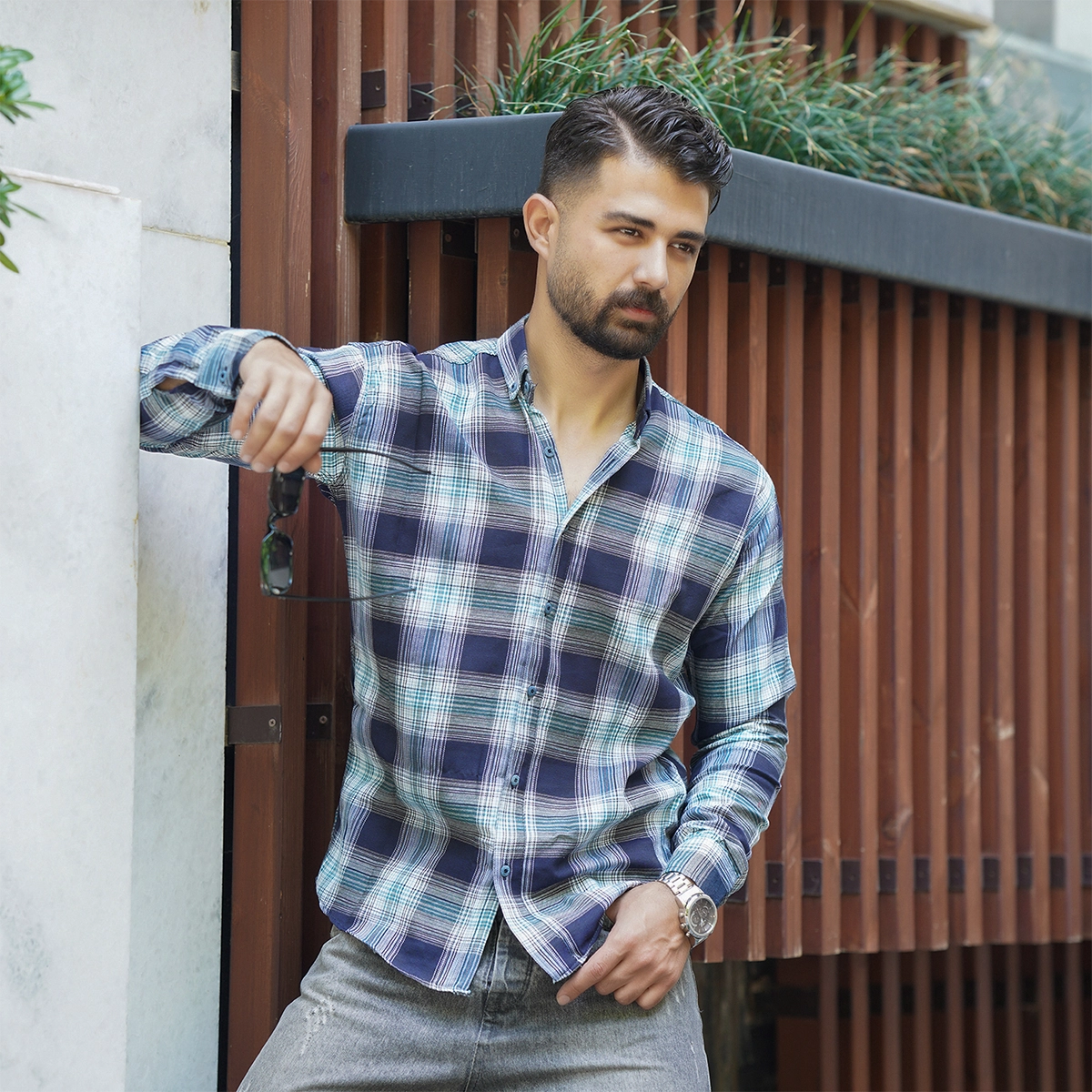 پیراهن چهارخونه سرمه ای سبز مردانه مدل Sany