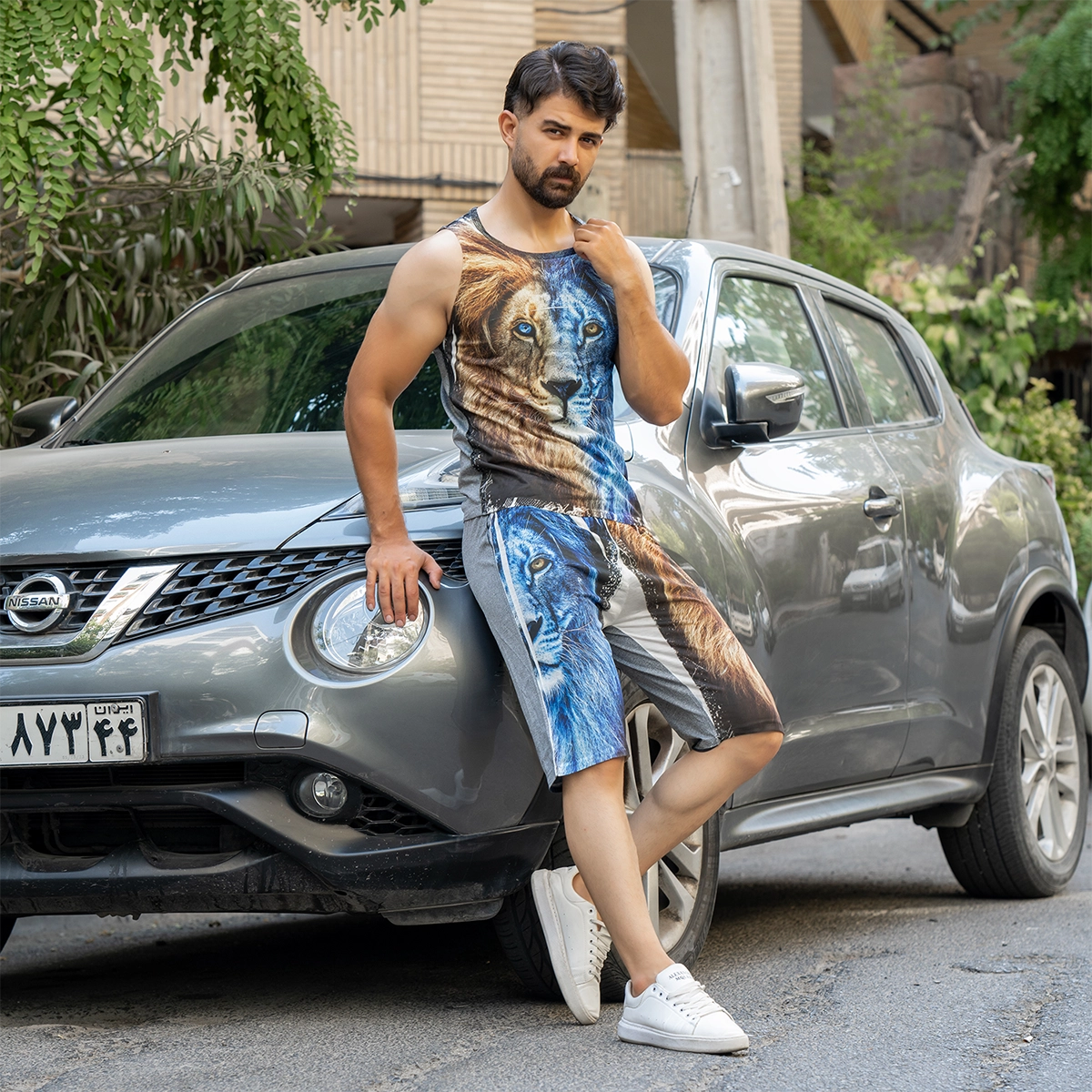 ست رکابی شلوارک مردانه طرح شیر دورنگ