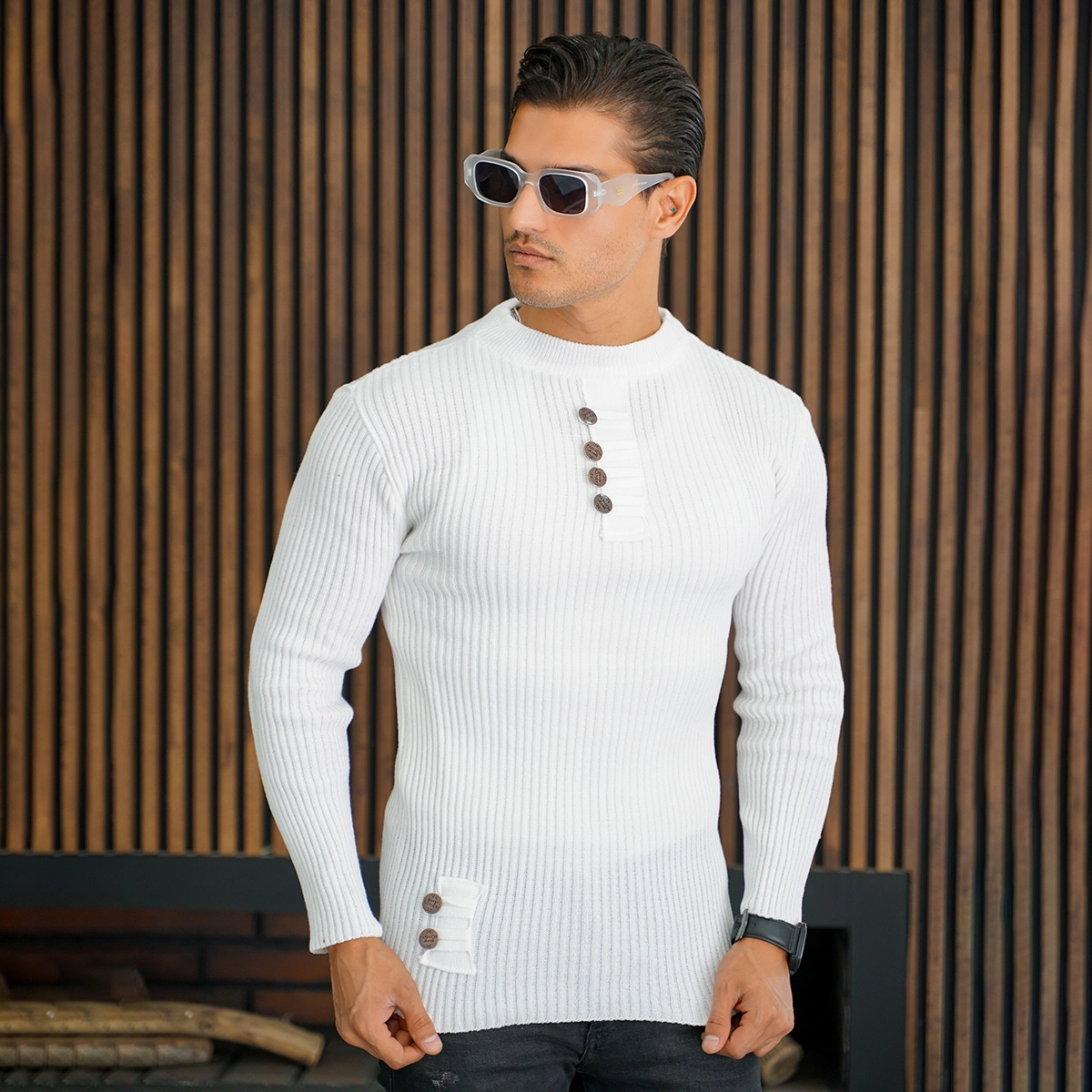 بافت مردانه سفید مدل دکمه ای