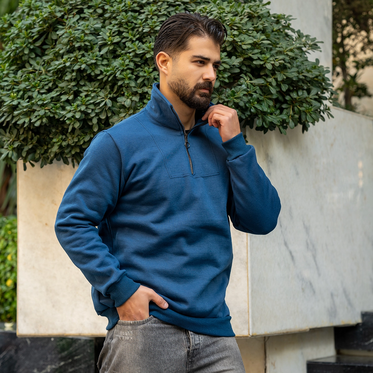 هودی نیم زیپ مردانه آبی مدل Shobin